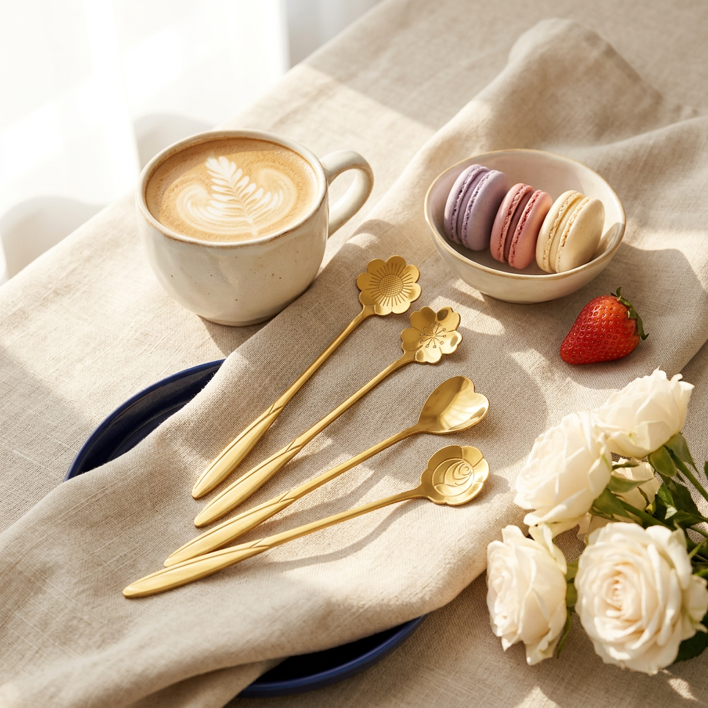 AI Design for "Reference product lock. Preserve the exact same gold flower spoons. Arrange them artistically beside a ceramic coffee cup, macarons, white roses and soft beige fabric. Bright natural window light, warm luxury tones, modern Pinterest aesthetic, premium café styling, elegant composition, luxury lifestyle photography, ultra realistic, high-end product advertisement, 8K quality."