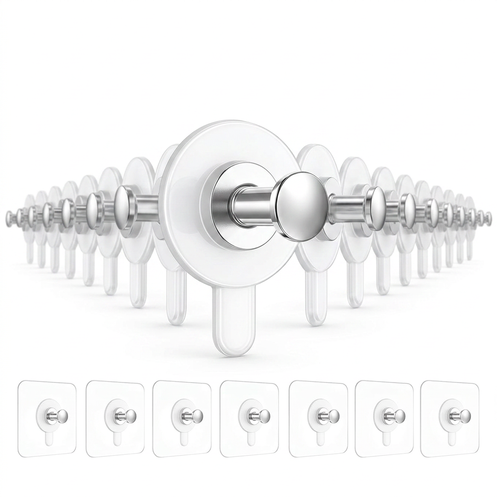 AI Design for Same transparent hook set, hooks arranged in line pattern, center hook closest to camera, white studio background, premium lighting, crystal clear details, high CTR ecommerce image, 4K.