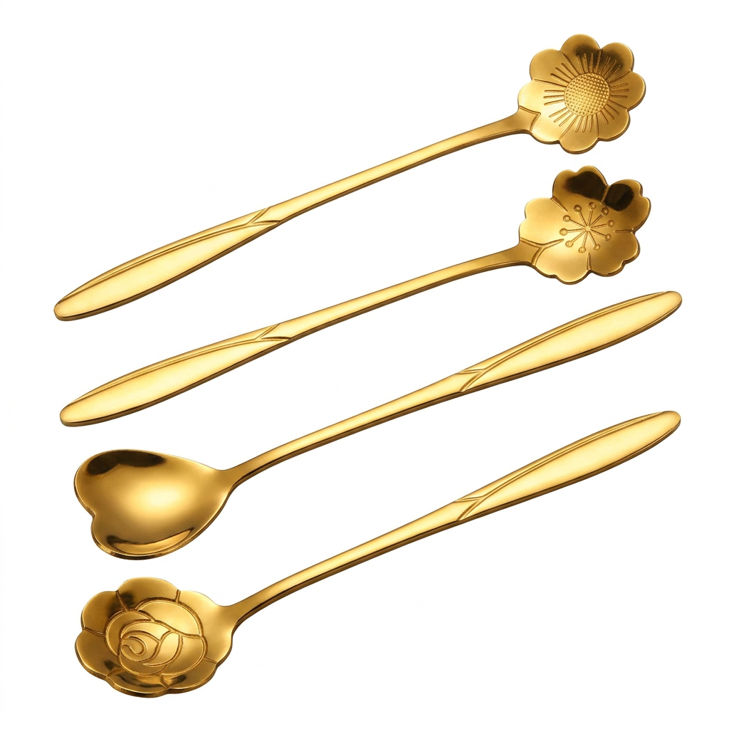 AI Design for "Gold flower design spoons set of 4, same dimensions and design as reference image, floating arrangement on pure white background, luxury metallic finish, professional studio lighting, clean product showcase, premium ecommerce listing image, realistic reflections, isolated product photography, ultra sharp focus, catalog quality, high resolution, commercial advertising style."