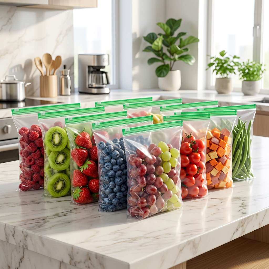 AI Design for Ultra realistic e-commerce photography, 7–8 identical transparent storage bags, same size, same green zipper color, different fresh foods inside. Bags arranged in an elegant diagonal composition. Luxury marble kitchen island background, bright sunlight through large windows, soft white and beige tones, premium home aesthetic, blurred modern kitchen, green indoor plants, clean reflections, high-end lifestyle look. Product occupies 85% of frame, ultra sharp focus on bags, background softly blurred. Professional 4K commercial product photography, high CTR Meesho main image, realistic shadows, premium branding feel.