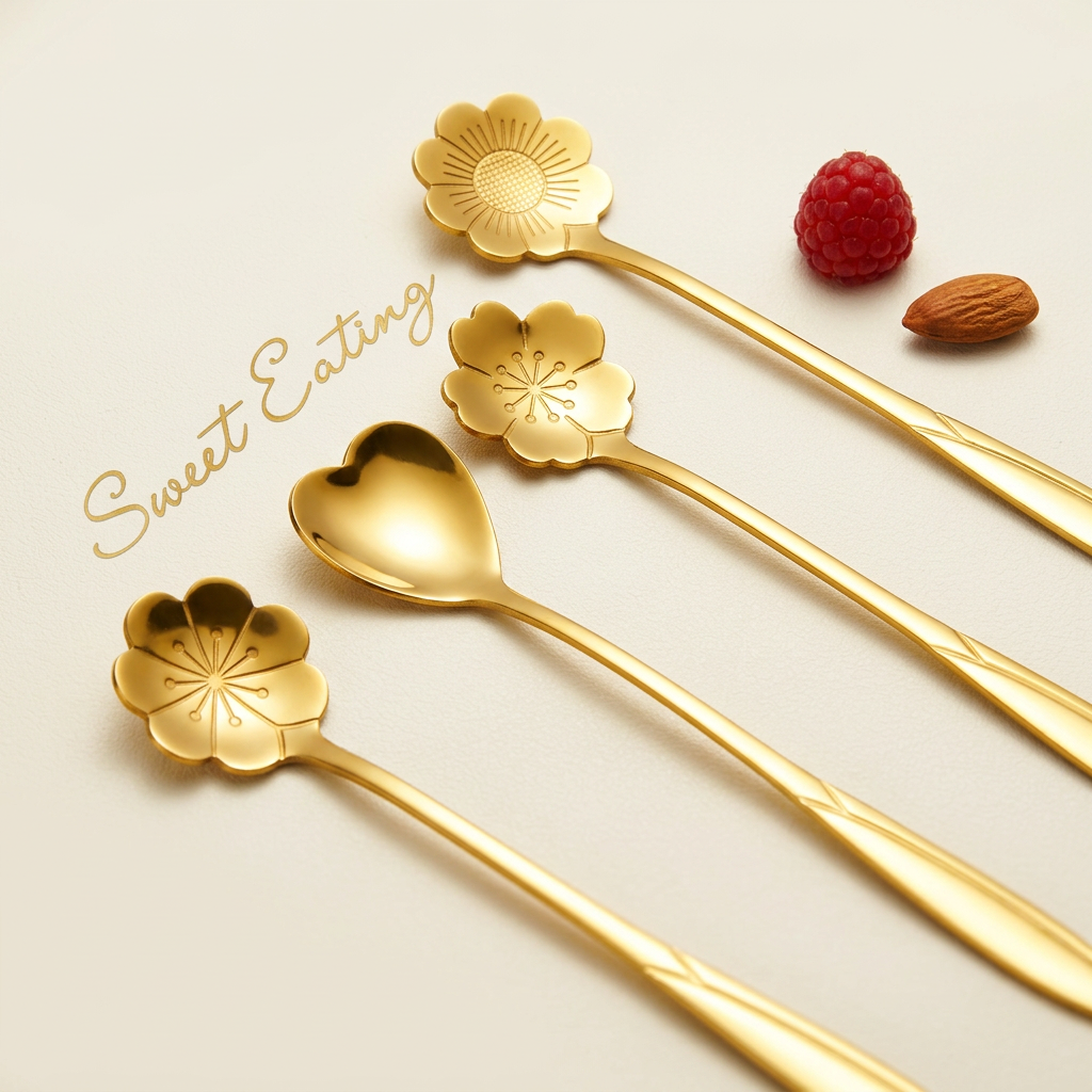 AI Design for Same gold luxury flower spoon set as reference, same color, same size, same design, arranged in elegant diagonal formation, spoons occupying 85-90% of frame, premium cream background, soft luxury lighting, minimal props, ultra sharp metal reflection, high-end product photography, luxury kitchen accessory advertisement, shallow depth of field, Amazon & Meesho A+ image style, ultra realistic 4K.