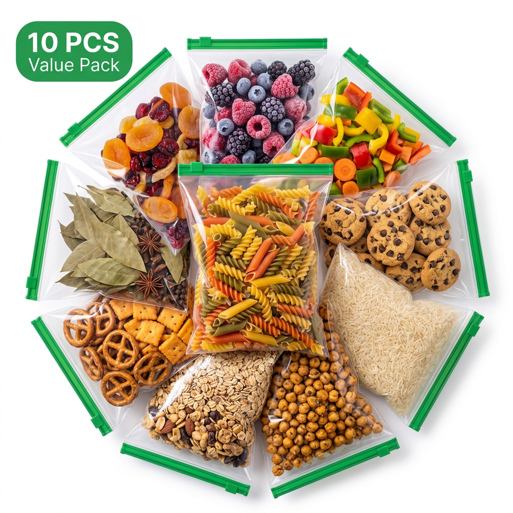 AI Design for Ultra HD studio product photography of the same transparent zip lock bags with identical green zipper and size. One hero bag standing in the center while nine bags fan out behind like an explosion pattern. Every bag contains different food including rice, pasta, dry fruits, vegetables, snacks, spices, cereal, frozen berries and cookies. Bright white seamless background, premium lighting, realistic reflections, bold green "10 PCS VALUE PACK" badge, minimal design, Meesho main image style, luxury e-commerce quality.