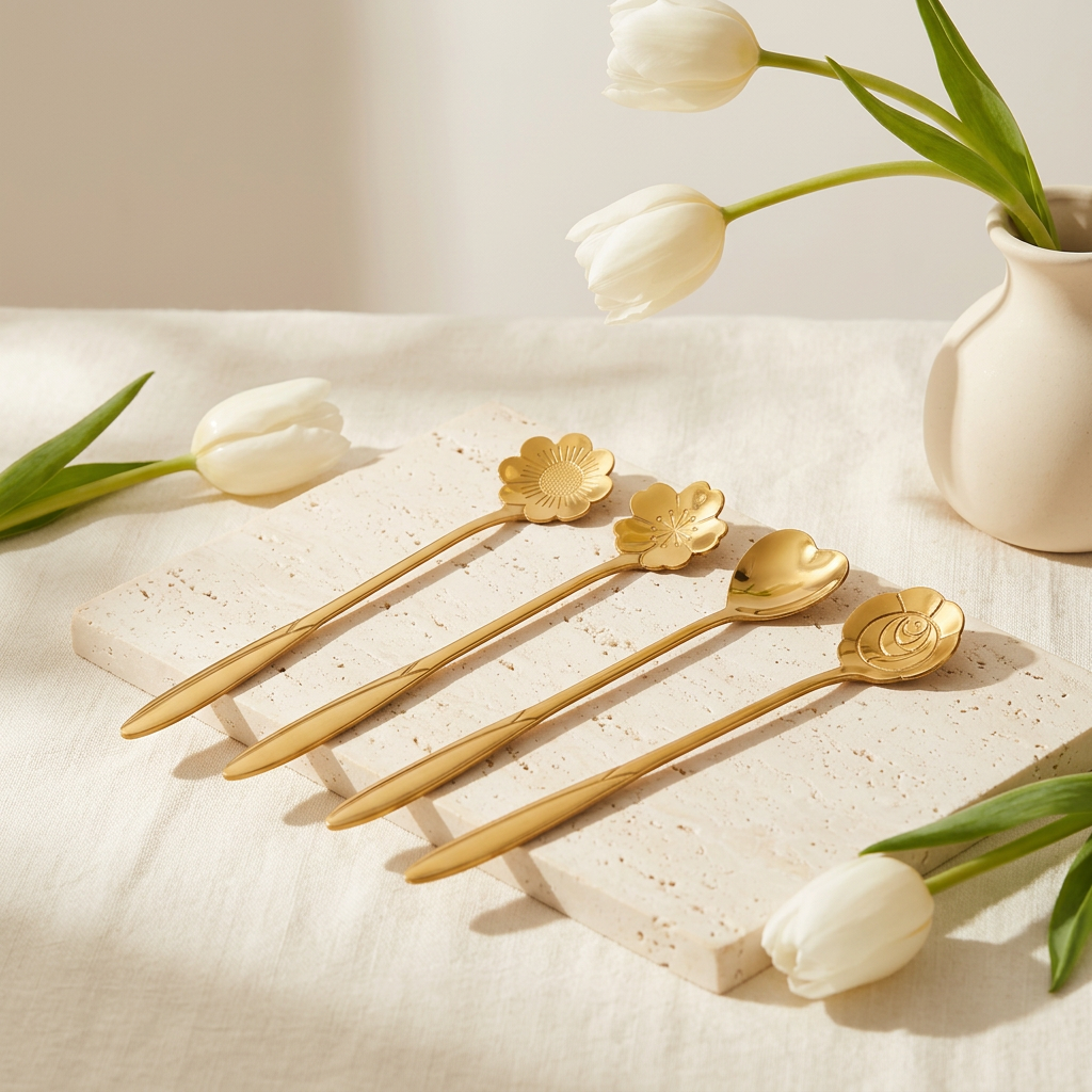 AI Design for "Maintain exact uploaded spoon design and dimensions. Display on soft ivory background with white tulips, cream stone tray and subtle sunlight. Clean Korean aesthetic, minimal luxury styling, elegant shadows, premium home decor vibe, realistic metallic shine, sophisticated composition, luxury ecommerce hero image, ultra realistic photography, 8K."