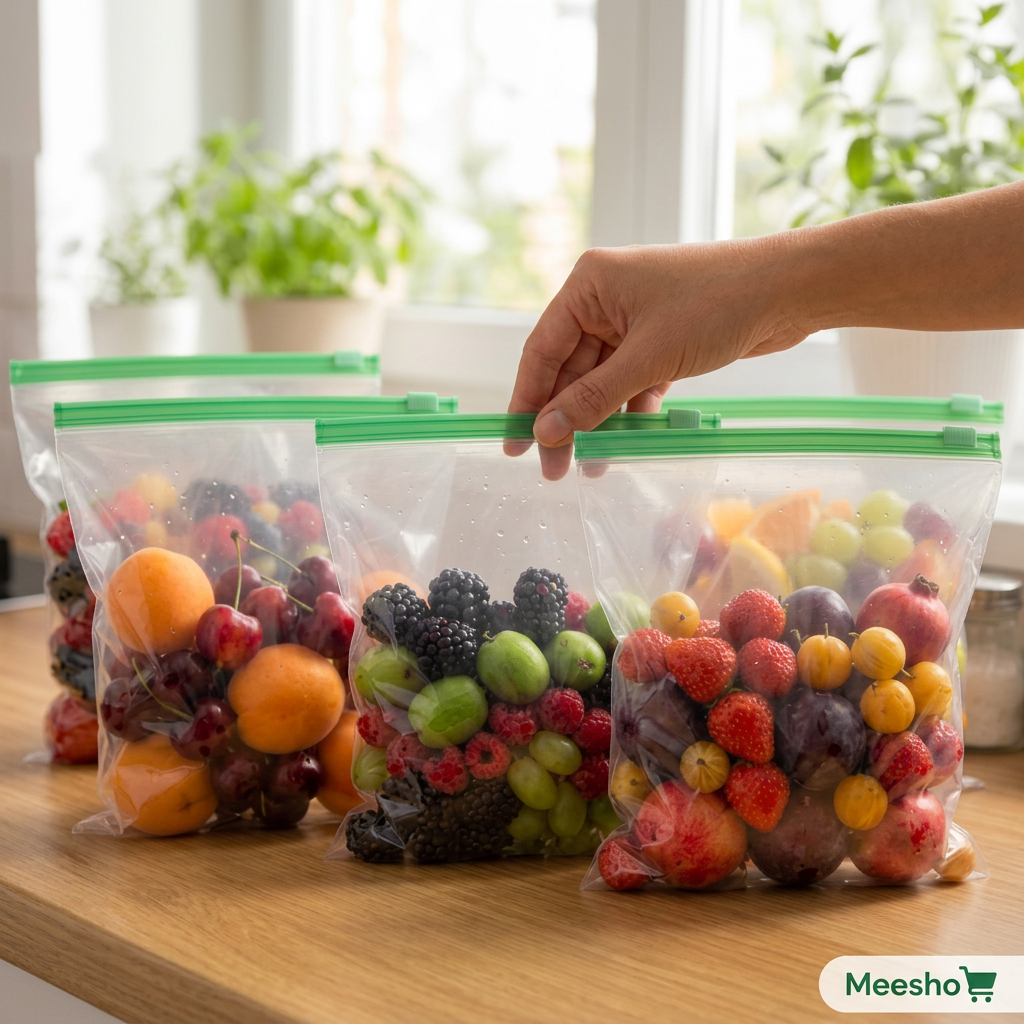 AI Design for Photorealistic Meesho product hero image of the same transparent green-zip storage bag, exact same size and same colour, filled with fruits and placed near front edge of kitchen counter, camera at slightly low angle to make product look prominent but still realistic, one hand lightly touching the zipper area, soft natural daylight, fresh home kitchen setting, realistic reflections on plastic, clean background, trustworthy customer-focused image. 5 pcs creat