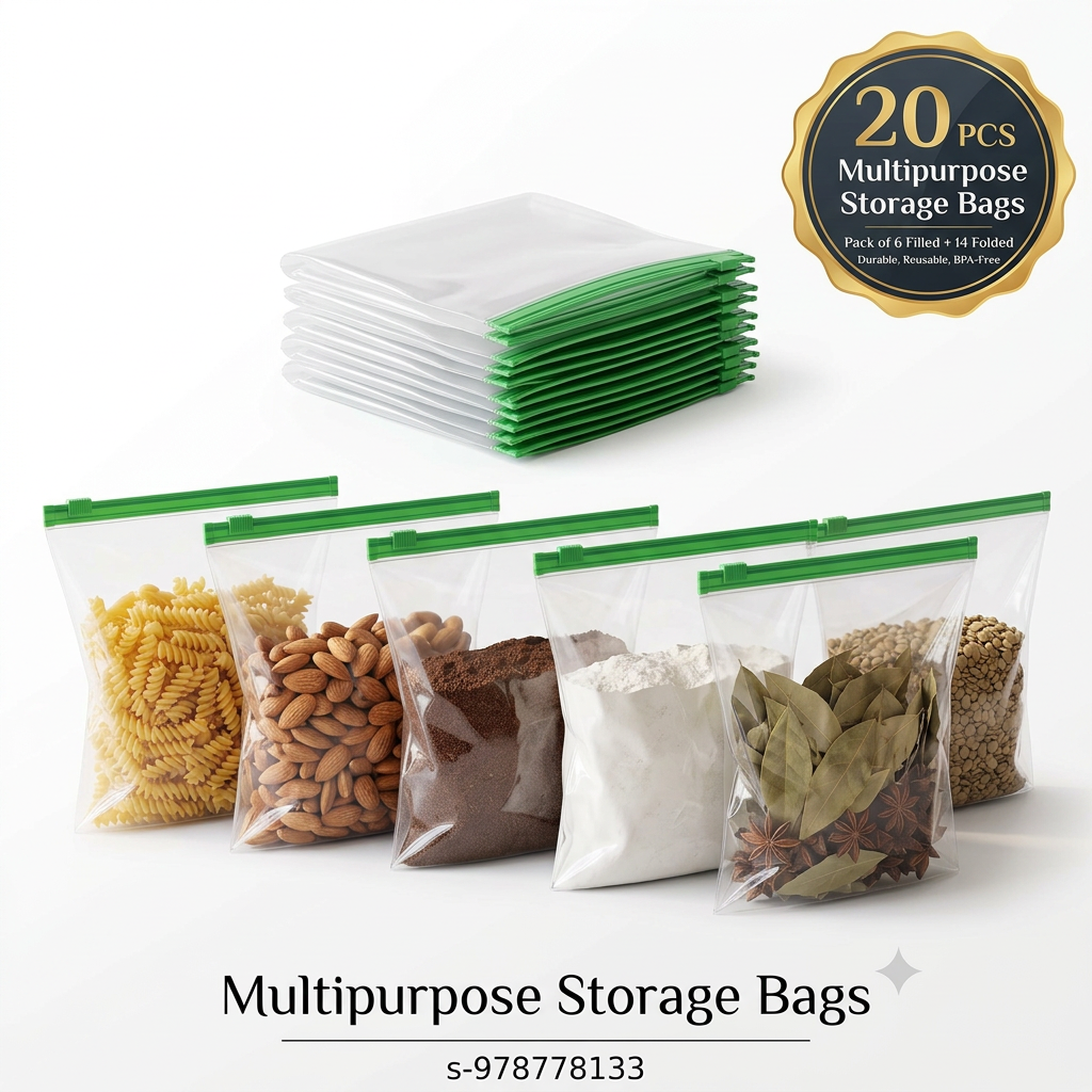 AI Design for Create a clean white background Meesho main image. Show 6 filled storage bags in front, 5 folded bags behind in a neat stack. Same green zipper and transparent material as reference. Food items visible clearly inside bags. Large premium badge: "20 PCS Multipurpose Storage Bags". Luxury product photography, realistic reflections, minimal design, high trust, high value perception, mobile-friendly catalog image, ultra HD, e-commerce bestseller style.
