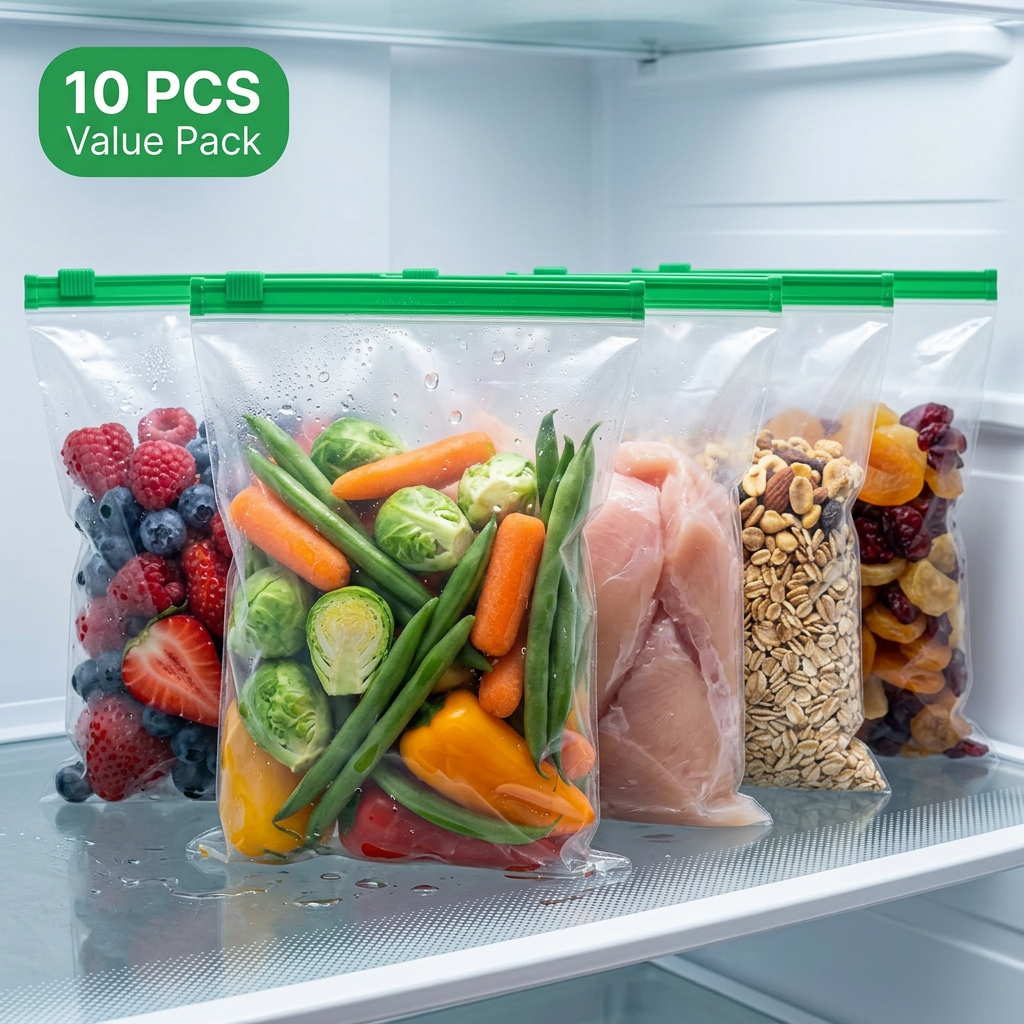 AI Design for Hyper realistic refrigerator shelf scene showing the same reusable zipper bags with identical green zipper. Hero bag placed closest to camera filled with fresh vegetables while remaining bags are neatly arranged behind containing fruits, meat, cereals and dry fruits. Fresh water droplets, cold atmosphere, premium refrigerator lighting, bold green "10 PCS VALUE PACK" label, ultra realistic transparent plastic, white clean background feel, premium Meesho listing hero image.