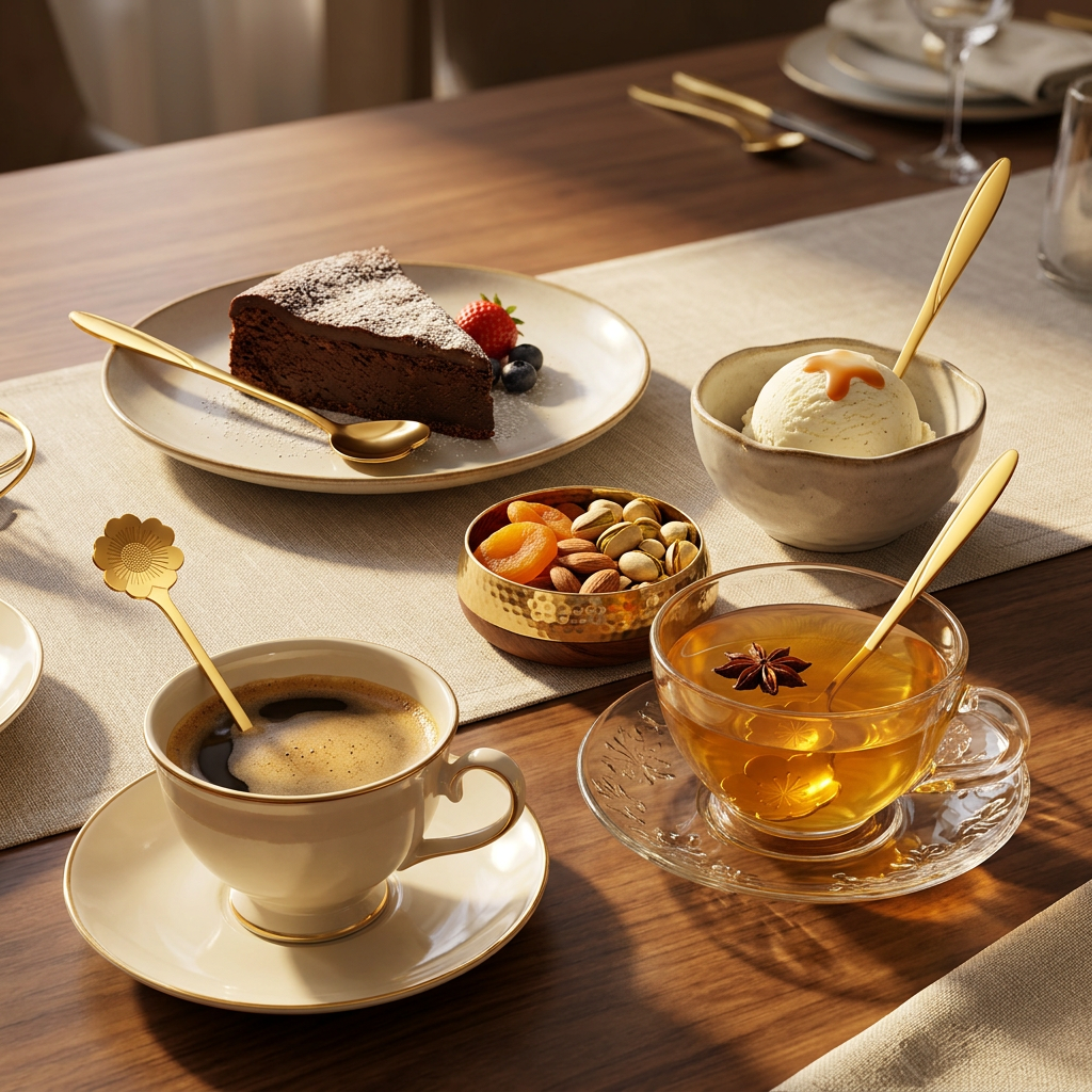 AI Design for Same gold floral spoons, same size and design, one image divided naturally into multiple use areas: coffee cup, tea cup, cake slice, ice cream bowl, dry fruits bowl. Each spoon being used for a different purpose while remaining clearly visible. Luxury lifestyle photography, warm sunlight, elegant table styling, premium restaurant aesthetic, product focus 85%, ultra realistic 4K, Meesho bestseller A+ image.