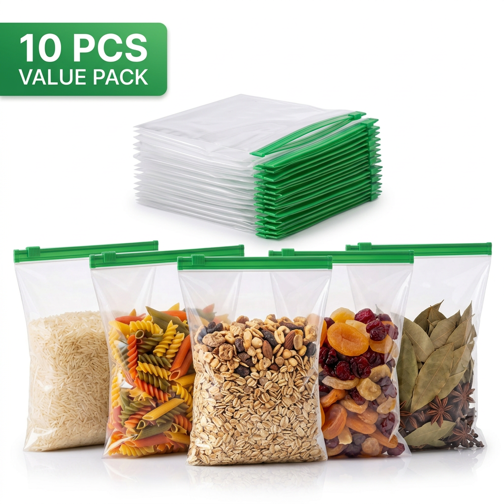 AI Design for Create a minimalist Meesho hero image for reusable storage bags. Display 10 transparent zipper bags with green sliders stacked perfectly. Front row contains rice, pasta, oats, dry fruits, and spices. White background, premium lighting. Add only one bold label saying "10 PCS VALUE PACK". Very clean, high CTR, ultra realistic.