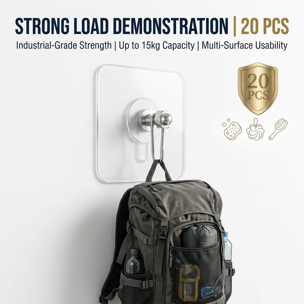 AI Design for Same transparent wall hook, unchanged design. Show a backpack hanging from the metal screw stud. Strong load demonstration. White background, premium product ad layout. Add bold "20 PCS" headline..