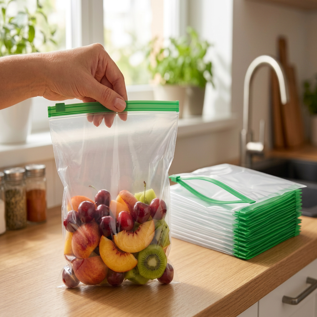 AI Design for Create a high-converting Meesho hero image of reusable zipper storage bags pack of 20, same size, same transparent bag material, same green zipper strip, one fruit-filled bag held naturally by a female hand from the top zipper, remaining empty bags stacked neatly on the kitchen counter behind, realistic home kitchen background with soft daylight from window, premium but customer-real look, natural plastic folds and reflections, clean wooden counter, product-focused composition, ultra realistic 4K, no collage, single image.