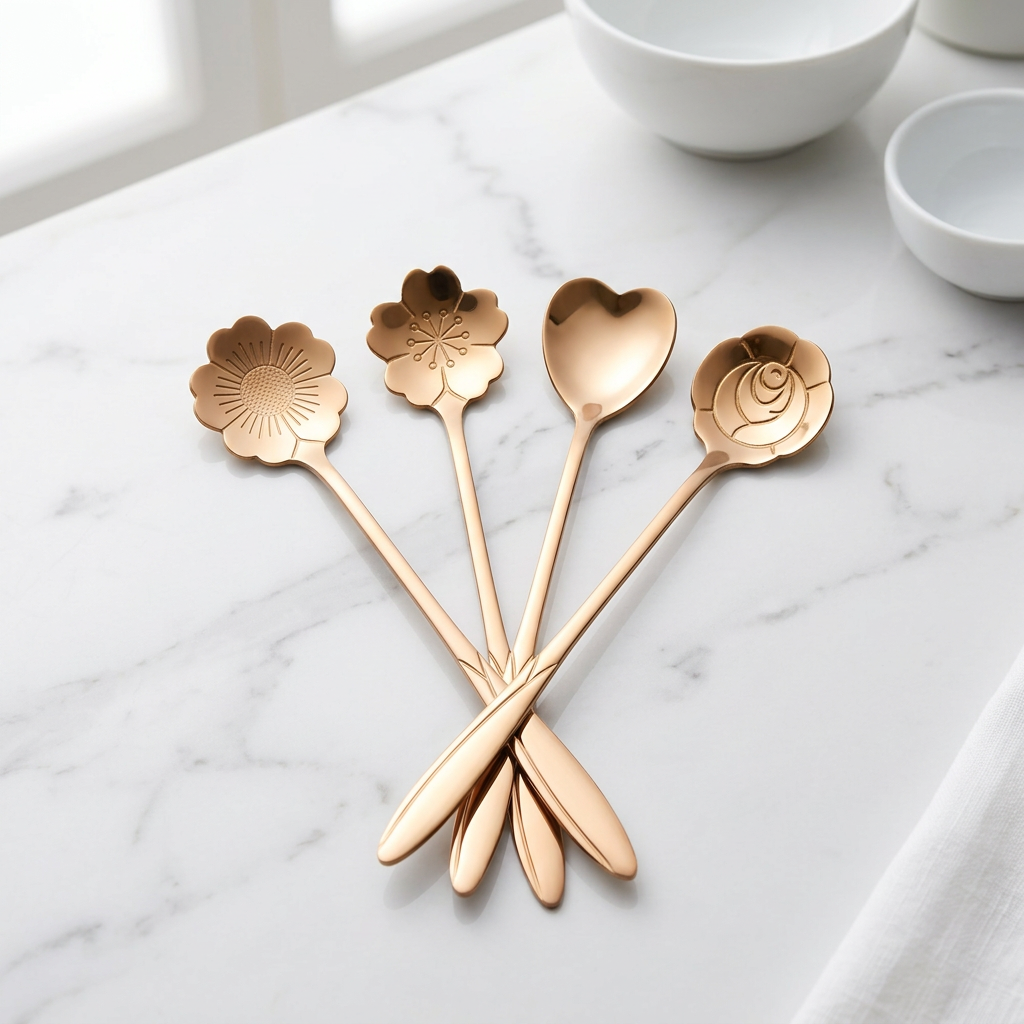 AI Design for "Use the uploaded reference image as the exact product reference. Keep the spoons 100% identical in design, shape, size, color, flower patterns, handle length, thickness, proportions, and quantity (exactly 4 spoons). Do not modify the product in any way. Create a new ecommerce main image with the spoons arranged in an elegant crossed fan layout on a luxury white marble tabletop. Premium soft daylight, clean modern background, realistic metallic reflections, professional product photography, high-end kitchen aesthetic, center composition, ultra sharp focus, luxury catalog style, commercial advertising photography, 8K resolution. Product must remain exactly the same as the reference image."