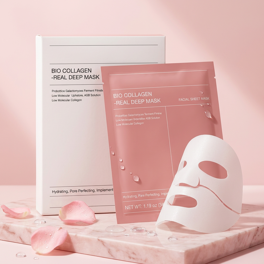 AI Design for Keep the same BIO COLLAGEN REAL DEEP MASK box and same pink packet design exactly as reference, no logo changes, no text changes. One packet standing slightly in front of the box, packet tilted 15 degrees toward camera, premium pink marble platform, soft luxury skincare studio lighting, water droplets and rose petals around product, elegant shadows, 80% frame occupied by product, ultra realistic cosmetic photography, high-end Korean skincare advertisement style, clean pastel pink background, sharp focus, 4K, Meesho main image, customer click magnet.