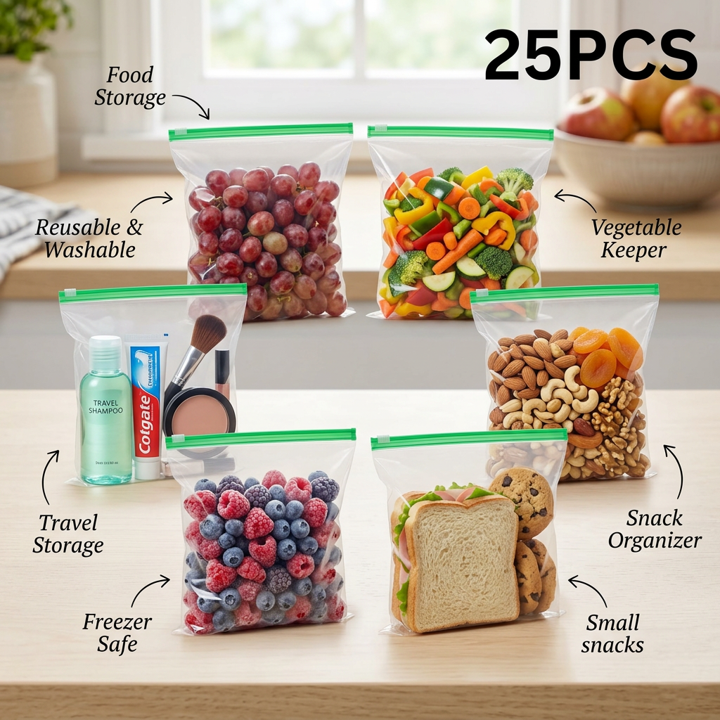 AI Design for Ultra realistic Meesho listing infographic image, 6 transparent reusable ziplock storage bags with same green zipper color and same size as reference product, arranged in a clean circular layout around the center. Each bag demonstrates a different use: Bag 1 filled with fresh fruits (grapes, strawberries), Bag 2 with chopped vegetables, Bag 3 with dry fruits and nuts, Bag 4 with sandwiches and snacks, Bag 5 with frozen berries for freezer storage, Bag 6 with travel toiletries and cosmetics. Bright modern kitchen background, premium wooden countertop, natural daylight, crystal clear plastic texture, realistic reflections, professional ecommerce photography, clean and organized composition. Add elegant feature callouts around the image: "Food Storage", "Vegetable Keeper", "Snack Organizer", "Freezer Safe", "Travel Storage", "Reusable & Washable". Large bold "25 PCS" badge in corner. High CTR Meesho bestseller style, ultra realistic, 4K HD.