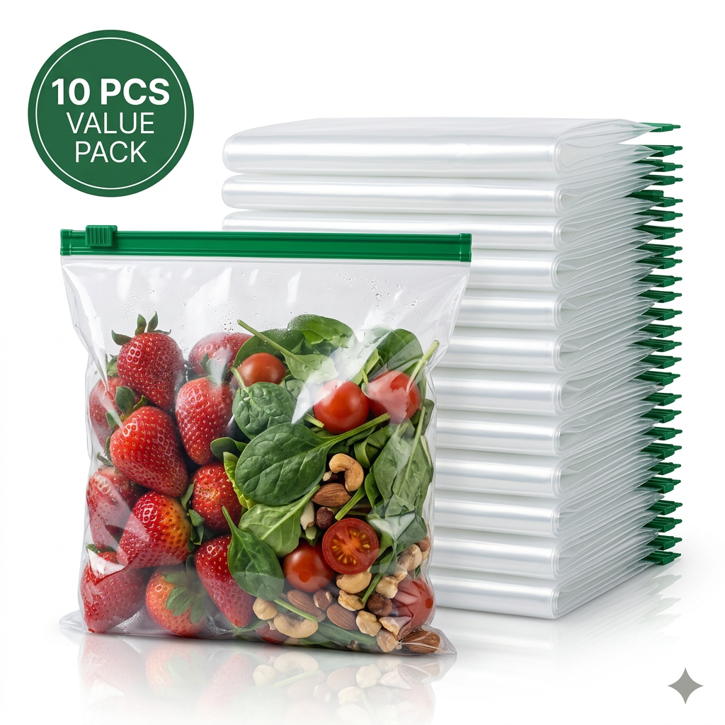 AI Design for Create an ultra-premium e-commerce hero image showing a large stack of identical empty reusable storage bags at the back and one large filled hero bag standing in front at a slight angle. Same transparent plastic and green zipper. Bright white background, realistic reflections, premium studio lighting, elegant green "10 PCS VALUE PACK" badge, luxury advertising photography, maximum customer trust.