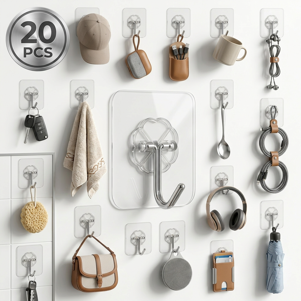 AI Design for transparent self-adhesive wall hooks, exact product design unchanged, single premium infographic image showing multiple real-life uses. Center hero hook enlarged and crystal clear. Around it, different hooks displaying practical applications: car keys, bath loofah, hand towel, kitchen spoon, coffee mug, umbrella, handbag, headphones, charging cable, cleaning brush and cap. Large metallic "20 PCS" badge at top corner. Pure white modern background, organized home concept, realistic transparent adhesive pads, chrome metal reflections, soft natural shadows, luxury studio lighting, ultra realistic 4K product photography, Amazon A+ content style, Meesho bestseller image, clean professional layout, high trust appearance, sharp focus, photorealistic, premium commercial advertising, no watermark. image..