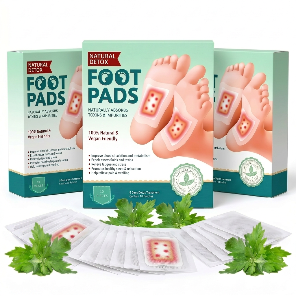 AI Design for Three Natural Detox Foot Pads boxes arranged in elegant V-shape formation, center box front-facing, side boxes tilted inward, foot pad sachets displayed symmetrically, premium white background, luxury commercial photography, soft shadows, sharp details, customer focus design, marketplace bestseller appearance, ultra HD 8K.