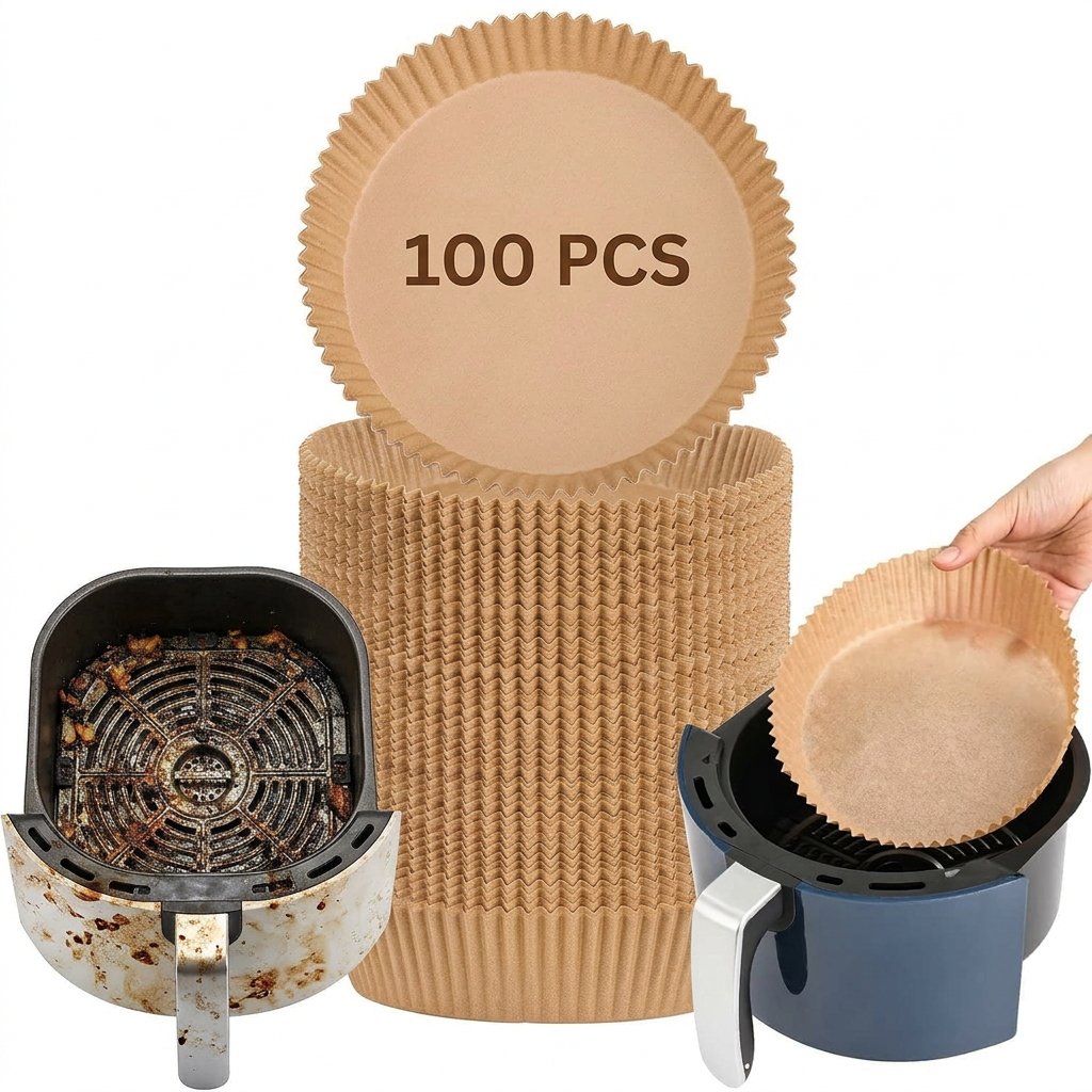 AI Design for Same round brown air fryer liners. Left side shows dirty air fryer basket without liner, right side shows clean basket using liner. Large liner stack in center. Bright white background, product-focused, professional infographic-free catalog style, realistic details, high CTR Meesho image, 4K.