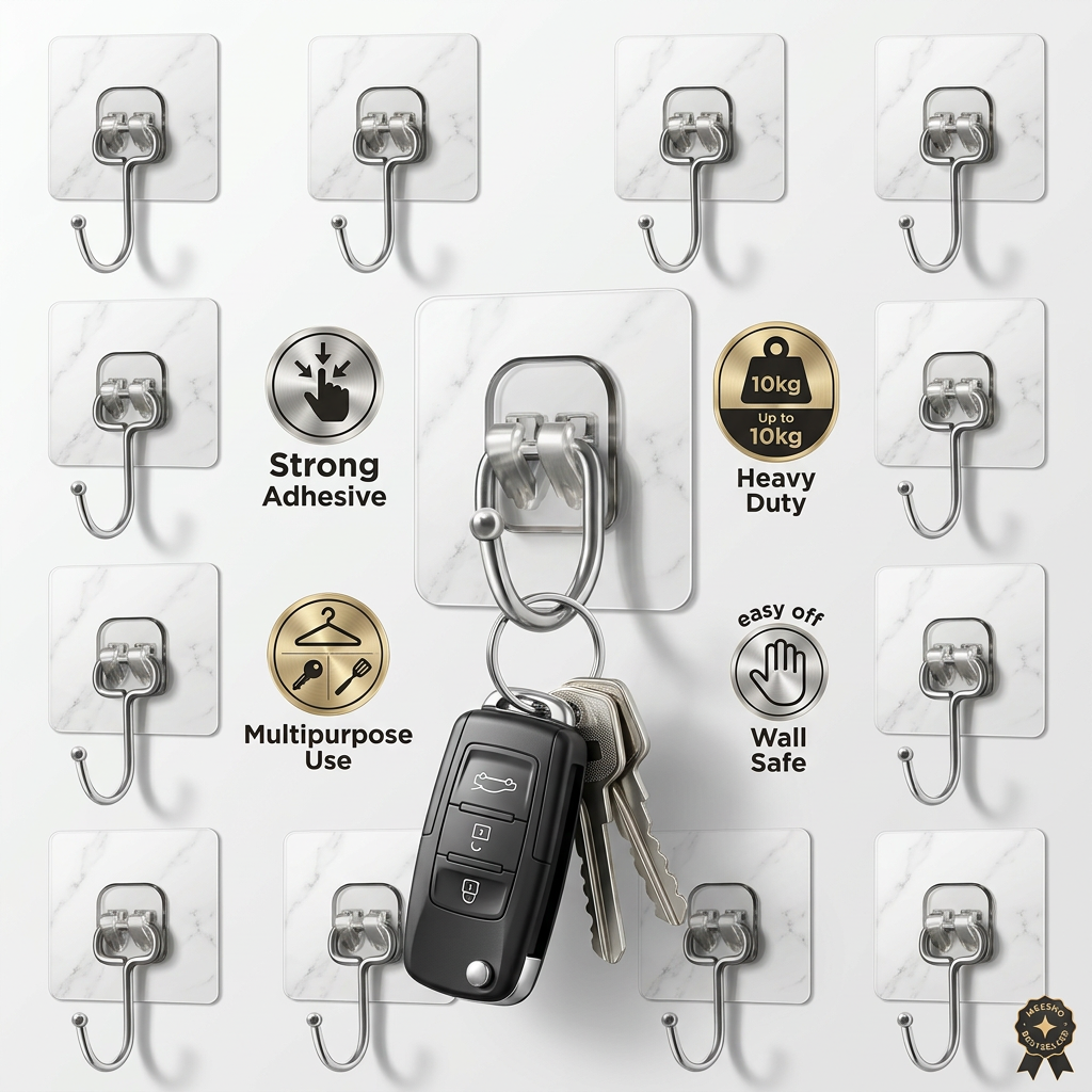 AI Design for Exact same hook design and color. One large hero hook in center holding car keys. Around it show 9 identical hooks. Add stylish premium badges: Strong Adhesive, Heavy Duty, Multipurpose Use, Wall Safe. Modern white gradient background, luxury lighting, realistic metal reflections, professional ecommerce advertisement, Meesho bestseller main image, ultra HD 4K.