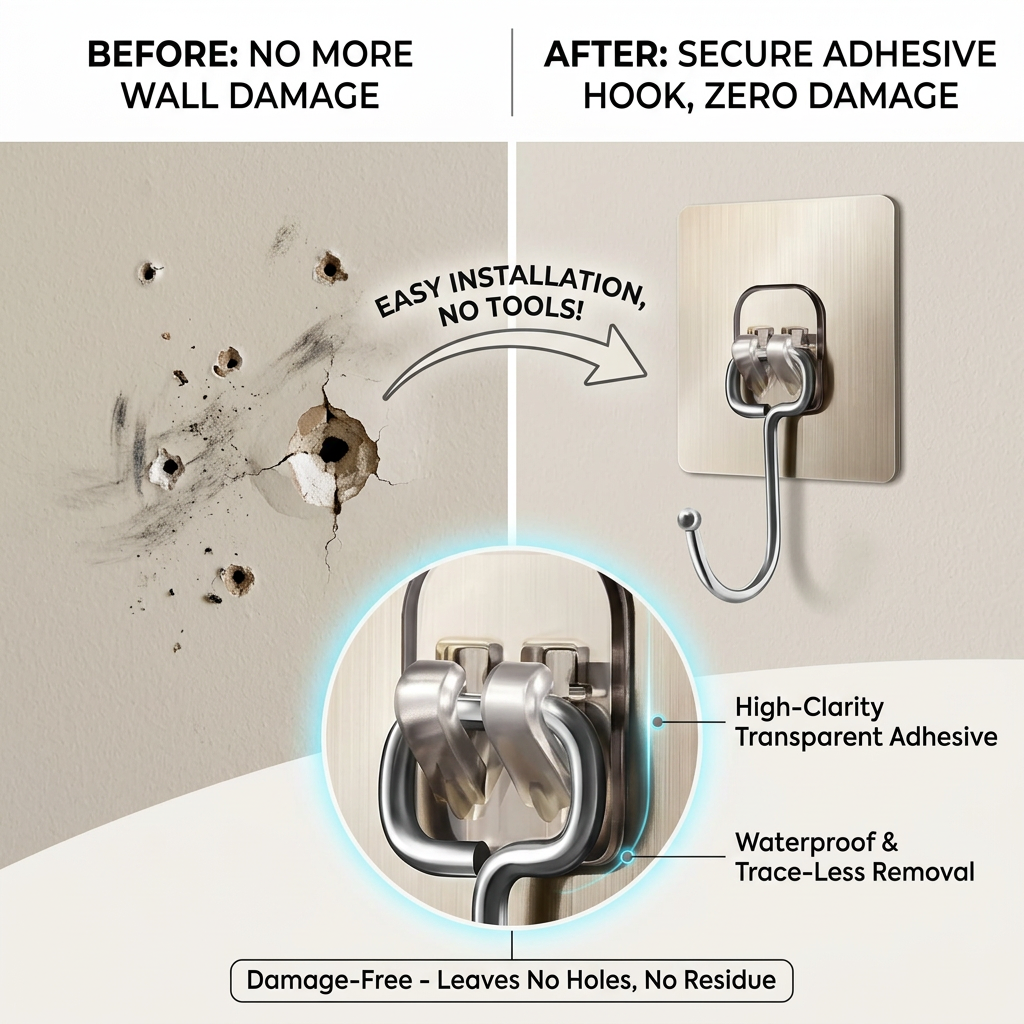 AI Design for Exact same hook. BEFORE side shows wall damaged by nails and drilling holes. AFTER side shows clean wall with adhesive hook installed, no holes, no damage. One enlarged hook close-up highlighting transparent adhesive base. Premium infographic style, white background, realistic details, Meesho bestseller image.