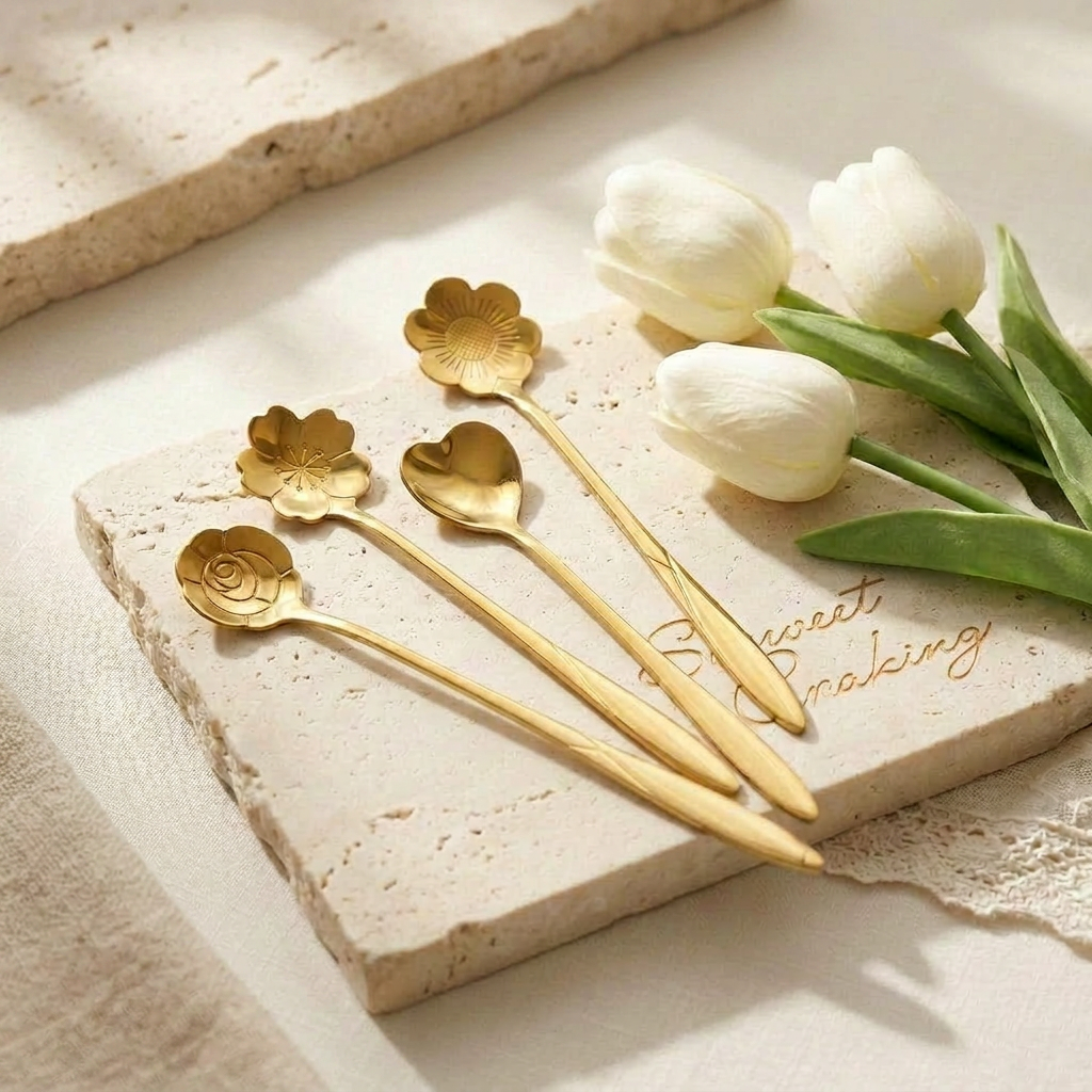 AI Design for Same gold spoon set exactly as reference, arranged in premium fan formation on beige travertine stone slab, luxury modern background, clean styling, realistic metal reflections, sharp focus, product fills 90% frame, Meesho bestseller image, 4K ultra HD.