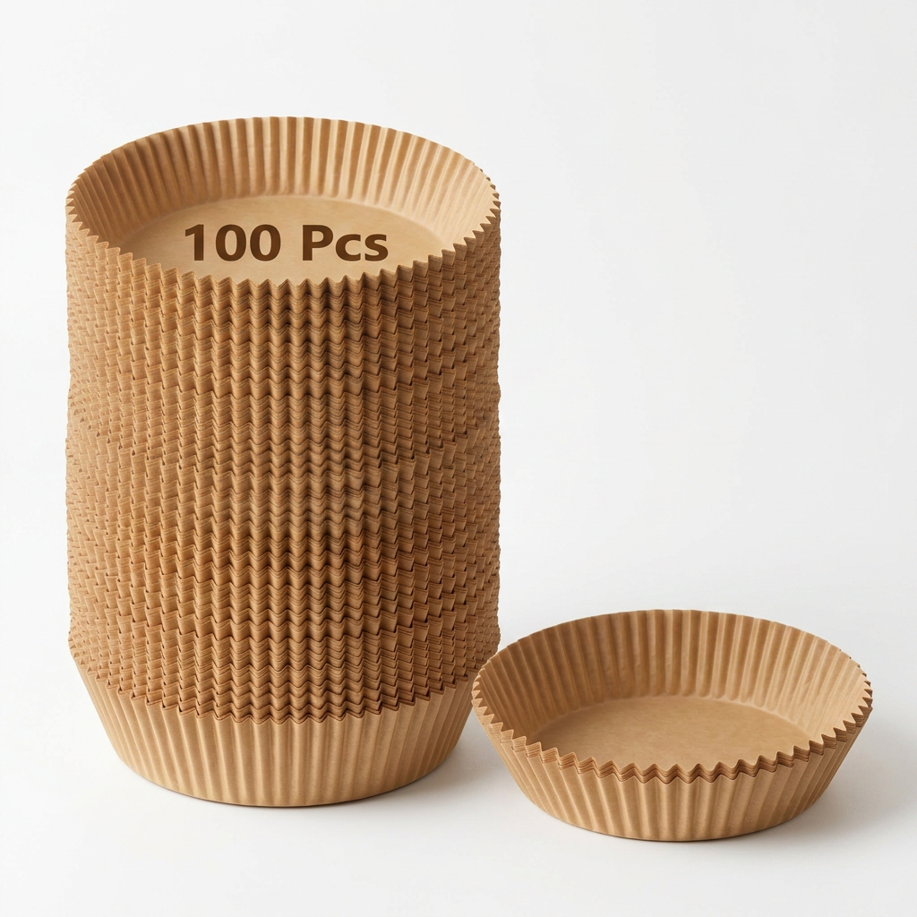 AI Design for Exact same 100 pcs round brown air fryer paper liners, perfectly stacked and opened liner beside it. Pure white background, strong studio lighting, soft shadows, product occupies 90% of frame, Amazon and Meesho catalog style, ultra sharp details, premium e-commerce photography, 4K.