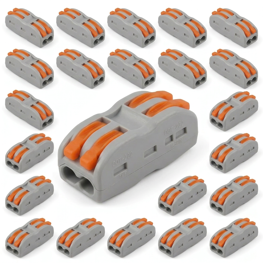 AI Design for Create a super realistic Meesho main image for the same Pack of 20 quick wire connectors, using the exact same grey connector body and orange lever locks, show one large hero connector in premium front-left 3/4 angle, slightly rotated for better depth, 19 connectors arranged neatly behind in a balanced grid, clean pure white background, soft studio shadow, bold ecommerce product photography, highly clickable, realistic, no clutter, no extra props, trustworthy industrial product thumbnail.