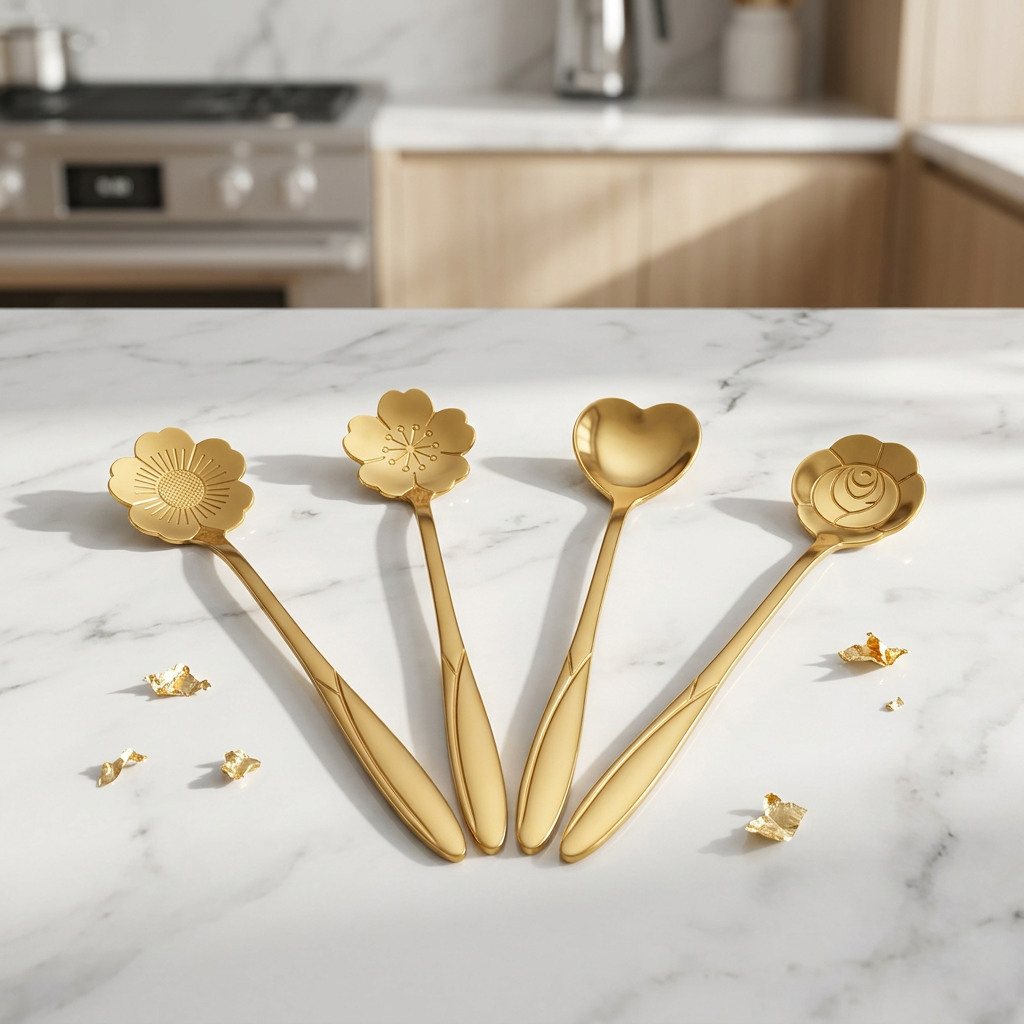AI Design for "Ultra-realistic product photography of 4 gold stainless steel flower-design spoons, same shape, same size, same details as reference image. Arrange spoons in an elegant fan pattern on a premium white marble surface. Soft natural daylight from the side, luxury kitchen aesthetic, clean modern background, subtle shadows, high-end product photography, sharp focus, metallic reflections, minimal styling, luxury home decor vibe, ecommerce hero image, professional studio quality, 8K resolution, white and beige color palette, premium catalog photography."