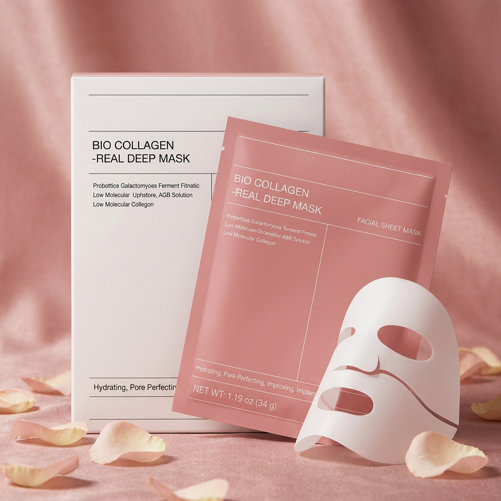 AI Design for Keep same box and packet exactly, packet placed in front of box at a different angle, luxury blush pink background with soft rose petals around product, premium skincare commercial photography, realistic shadows, sharp packaging details, elegant feminine aesthetic, high CTR Amazon beauty listing image, 4K.