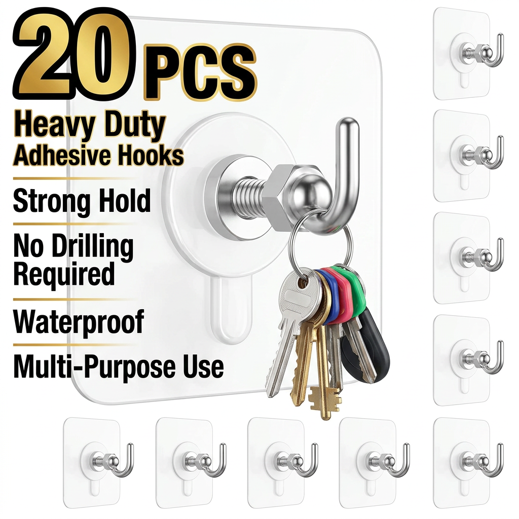 AI Design for Professional e-commerce product advertisement of a transparent self-adhesive wall hook with a visible stainless steel screw hook. The screw hook is holding a bunch of house keys, demonstrating strong load capacity. Crystal-clear adhesive square base mounted on a clean white wall, realistic metal texture, premium lighting, sharp focus, ultra-realistic product photography. Large bold marketing text: "20 PCS" prominently displayed, with "Heavy Duty Adhesive Hooks", "Strong Hold", "No Drilling Required", "Waterproof", and "Multi-Purpose Use". Modern Amazon-style listing image, white background, commercial advertising design, high conversion rate layout, photorealistic, 4K quality.