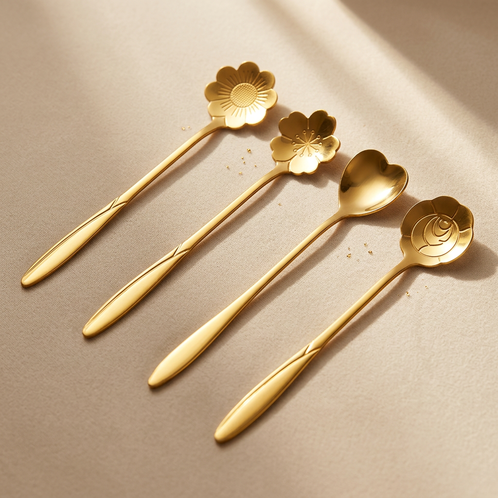 AI Design for "Keep the uploaded spoons exactly unchanged. Place them diagonally across a soft beige luxury surface. Spoons occupy 85% of the composition. Background clean and minimal. Warm natural lighting, premium aesthetic styling, realistic metallic shine, Pinterest luxury mood, high CTR product image, ultra realistic, 8K." THIS IMAGE ME JITANI HIGH HE UTANI CHAHIYE