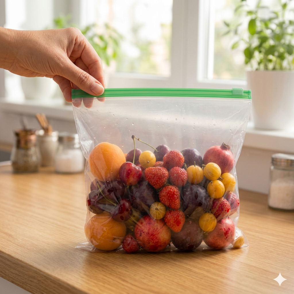 AI Design for Create a realistic Meesho lifestyle hero image of the same transparent zip bag, same size, same green zip colour, filled with mixed fruits, placed on kitchen countertop at 45-degree front angle, zipper slightly facing camera, one hand gently adjusting the top corner of bag, natural morning window light, blurred home kitchen background, realistic transparent plastic shine, product size must stay original, premium but believable customer-use image.