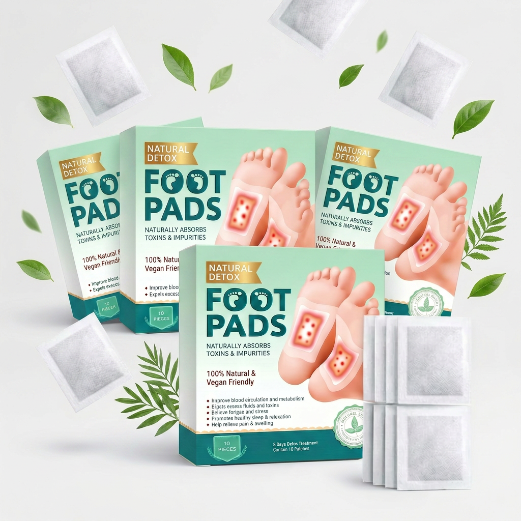 AI Design for Three Natural Detox Foot Pads boxes arranged in V-shape composition, center box front facing, side boxes tilted inward, sachets placed symmetrically around boxes, floating green leaves for freshness effect, premium white background, realistic lighting, luxury product advertising style, customer attention grabbing layout, Meesho top-selling product image, ultra realistic packaging details, clean healthcare branding, professional studio photography, sharp focus, high CTR design, 8K ultra HD.