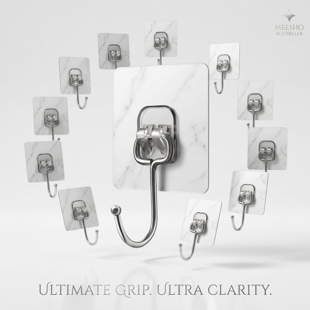 AI Design for Use the exact same adhesive wall hook, same silver metal finish, same transparent marble adhesive base, same size and proportions. Create a premium floating arrangement of 10 hooks in the air around one giant hero hook. White luxury background, realistic reflections, soft shadows, ultra realistic 4K product photography, Meesho bestseller style, premium ecommerce advertisement, high CTR image.