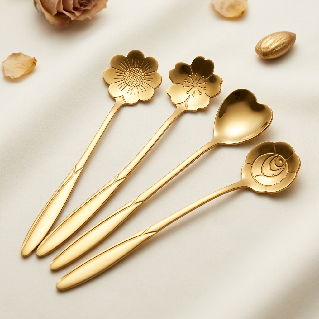 AI Design for "Use the uploaded spoon set as the exact product reference. Keep the spoons 100% identical in design, size, shape, flower heads, handles, gold finish, and quantity (exactly 4 spoons). Arrange the spoons in an elegant fan layout at the center of the frame. Product occupies 80% of the image. Soft ivory luxury background with subtle shadows, minimal props, premium studio lighting, sharp focus on spoons, blurred background, luxury ecommerce hero image, ultra realistic metallic reflections, high-end catalog photography, 8K. The spoons must be the main visual focus."