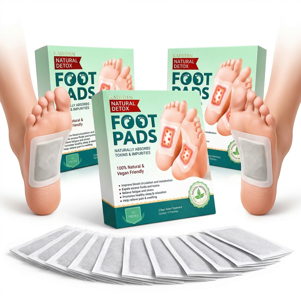 AI Design for Ultra realistic e-commerce product photography of 3 Natural Detox Foot Pads boxes, center box large front-facing, two boxes slightly behind left and right at 35-degree angle, premium white background, foot pad sachets neatly spread in foreground, soft shadow, high contrast, crystal clear packaging details, luxury studio lighting, clean composition, customer attention grabbing layout, Meesho bestseller style, trust-building look, professional product showcase, ultra HD, 8K quality, commercial advertising shot, sharp focus, high conversion design, modern healthcare product presentation, plenty of white space, realistic depth, top-selling marketplace image.