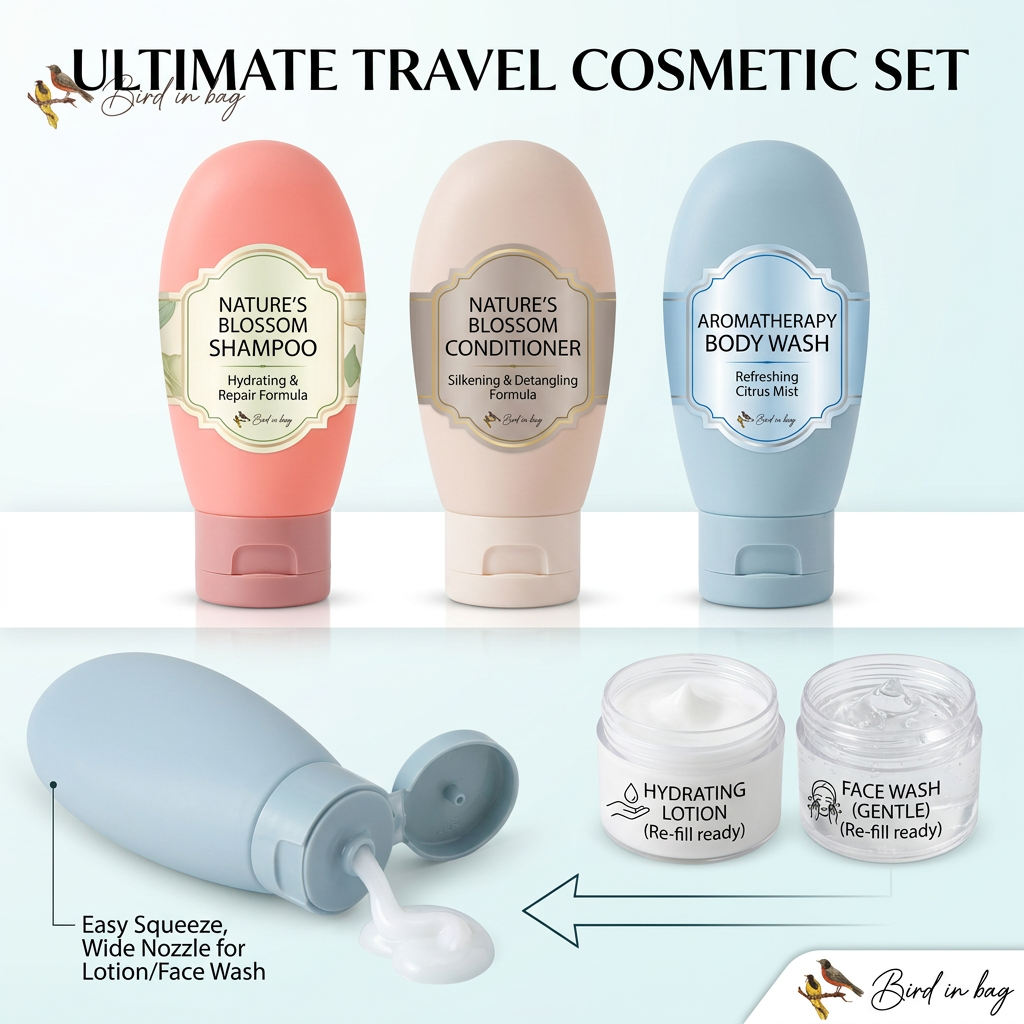 AI Design for Same bottles with shampoo, conditioner, body wash, lotion and face wash labels around them, clear use-case infographic, Meesho A+ style.