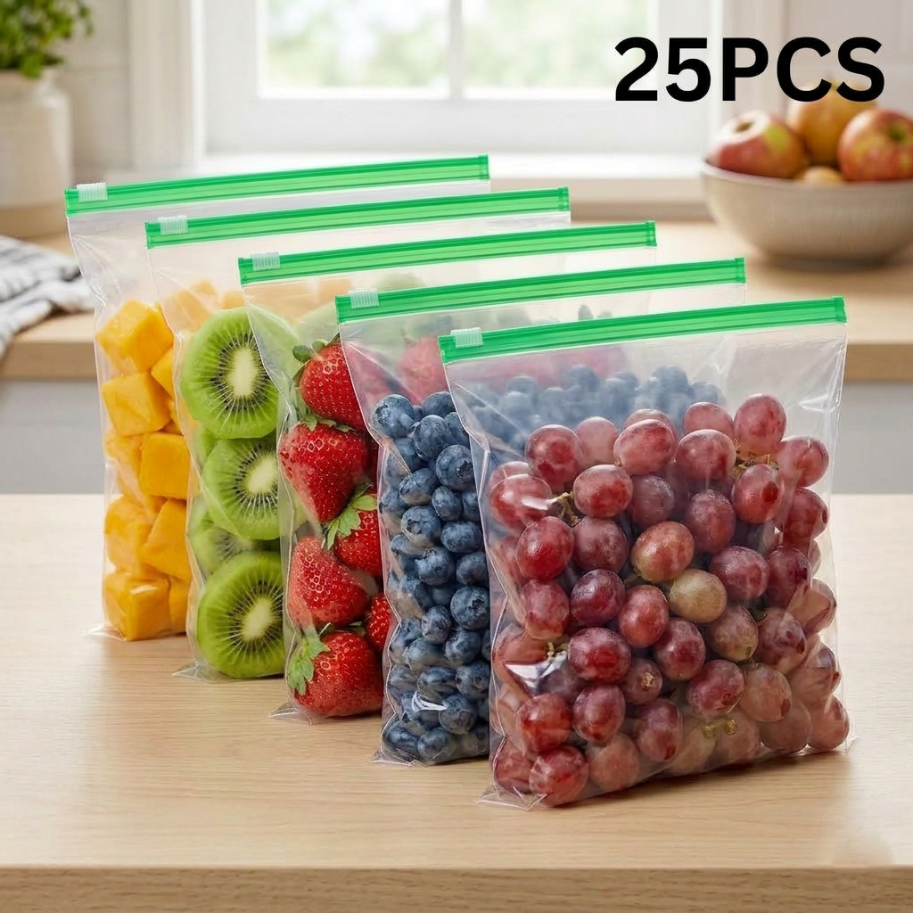 AI Design for Same reusable storage bags, same green zip lock, 5 bags arranged diagonally across wooden table, each bag containing different colorful food items: mango cubes, grapes, kiwi slices, blueberries, strawberries, fresh kitchen setting, shallow depth of field, realistic plastic shine, ecommerce main image, bold 25 PCS text, customer-attracting composition, high CTR, 4K ultra realistic.