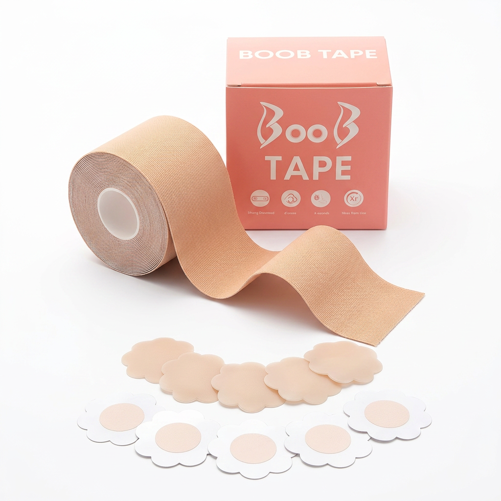 AI Design for Exact same boob tape box and tape roll, same dimensions and colors, tape partially unrolled in elegant S-curve shape, box standing upright behind roll, nipple covers arranged in semi-circle pattern, clean white background, premium beauty product photography, high CTR e-commerce style, ultra realistic 4K.