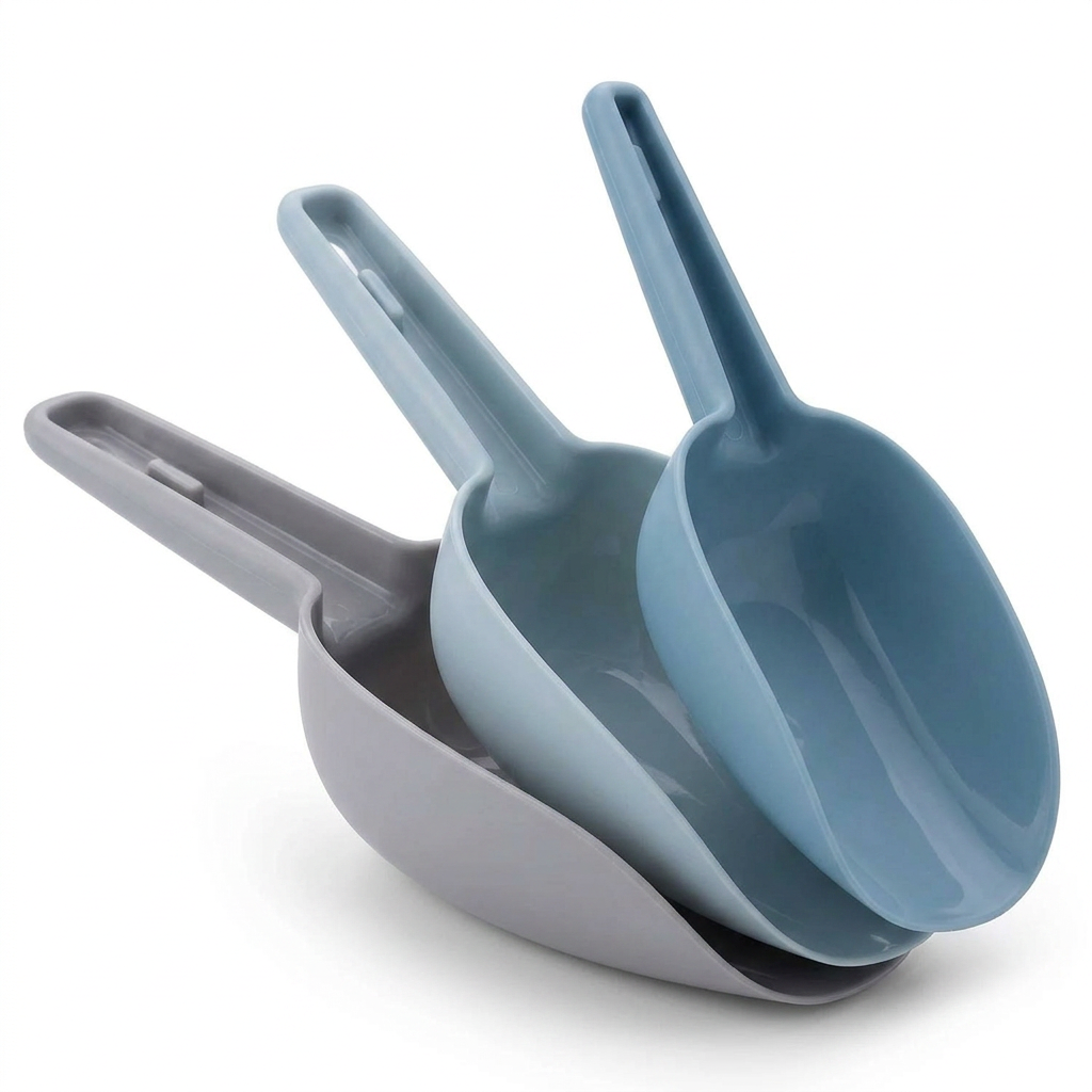 AI Design for Exact same 3-piece nesting scoop set, same pastel blue and grey colors, scoops opened in elegant fan shape from bottom left to top right, white seamless background, luxury studio lighting, soft shadow, product filling 85% frame, ultra realistic e-commerce photography, Meesho bestseller main image, 4K.