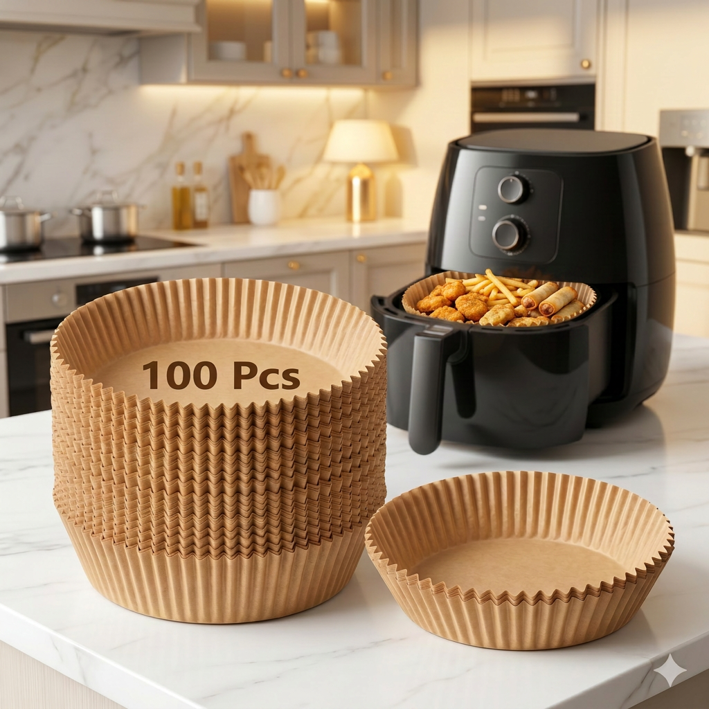 AI Design for Same air fryer paper liners, identical dimensions. Fresh crispy fries, nuggets and snacks placed inside liner in air fryer basket. Stack of 100 liners displayed prominently in foreground. Warm family kitchen atmosphere, luxury lifestyle product photography, high CTR Meesho main image, realistic food styling, 4K.