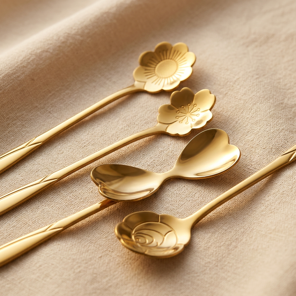 AI Design for "Keep the uploaded spoons exactly unchanged. Place them diagonally across a soft beige luxury surface. Spoons occupy 85% of the composition. Background clean and minimal. Warm natural lighting, premium aesthetic styling, realistic metallic shine, Pinterest luxury mood, high CTR product image, ultra realistic, 8K." THIS IMAGE ME JITANI HIGH HE UTANI CHAHIYE