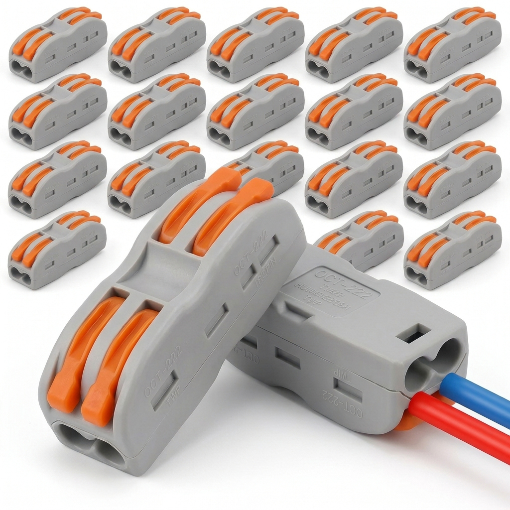 AI Design for Create a Meesho main image of the same Pack of 20 electrical wire connectors, show 2 large hero connectors in different angles crossing slightly, one front-left and one front-right pose, remaining 18 connectors arranged in background, clean white background, modern ecommerce hero layout, realistic industrial product feel.