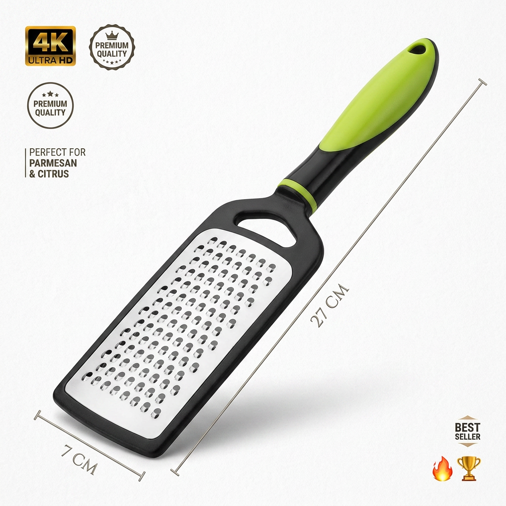 AI Design for Use the exact same grater, same black-green handle and stainless steel surface. Display the product at a dynamic 65-degree angle. Include elegant measurement markers showing 27 CM height and 7 CM width. Premium white background with soft shadows, luxury studio lighting, highly detailed metal texture, professional Amazon-style infographic, ultra realistic product photography, 4K ultra HD, premium e-commerce presentation, high-conversion listing image. 🔥🏆