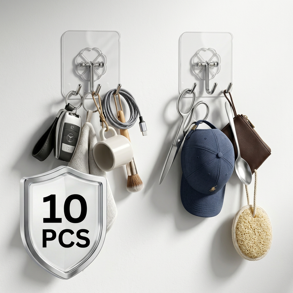 AI Design for Same transparent adhesive hooks, 10 PCS badge, each hook holding different item (keys, towel, mug, cable, brush, scissors, cap, spoon, pouch, loofah), premium white wall, realistic shadows, luxury studio lighting, Amazon & Meesho bestseller style, ultra realistic 4K, no watermark, high CTR image.