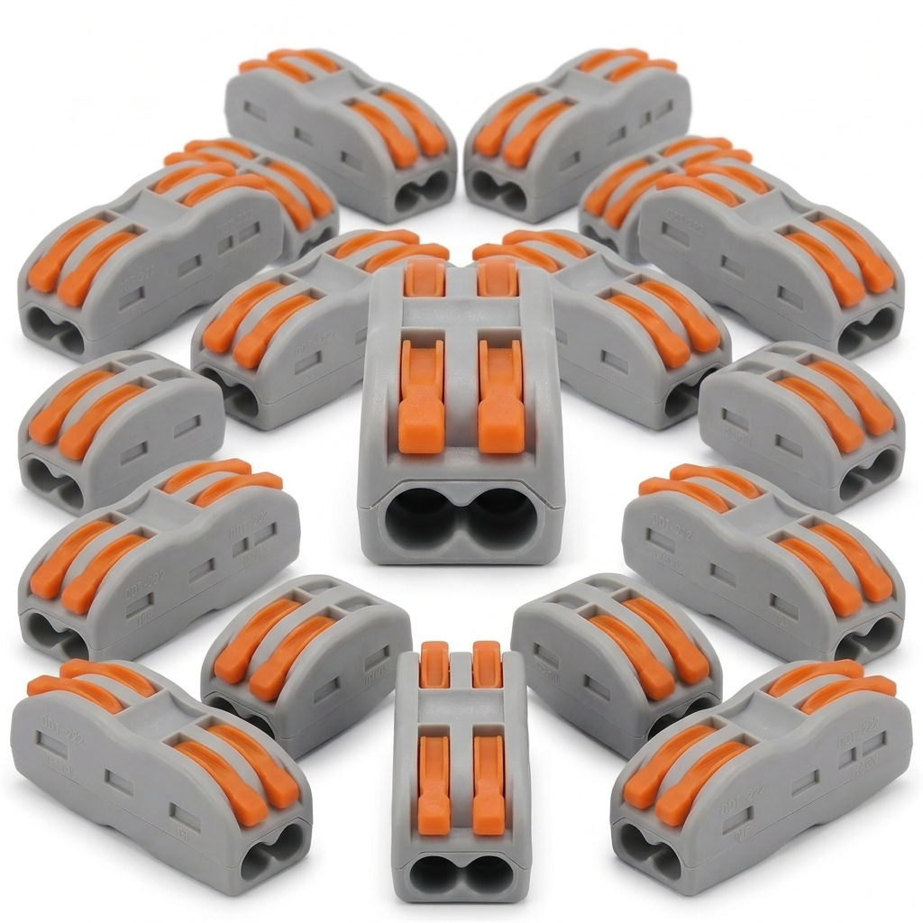 AI Design for Create a clean Meesho hero thumbnail of the same wire connector Pack of 20, show one connector front-facing in center, wire holes directly visible, levers on top visible, exact same product body and color, other pieces behind in symmetrical arrangement, pure white background, premium shadow and realistic plastic finish.