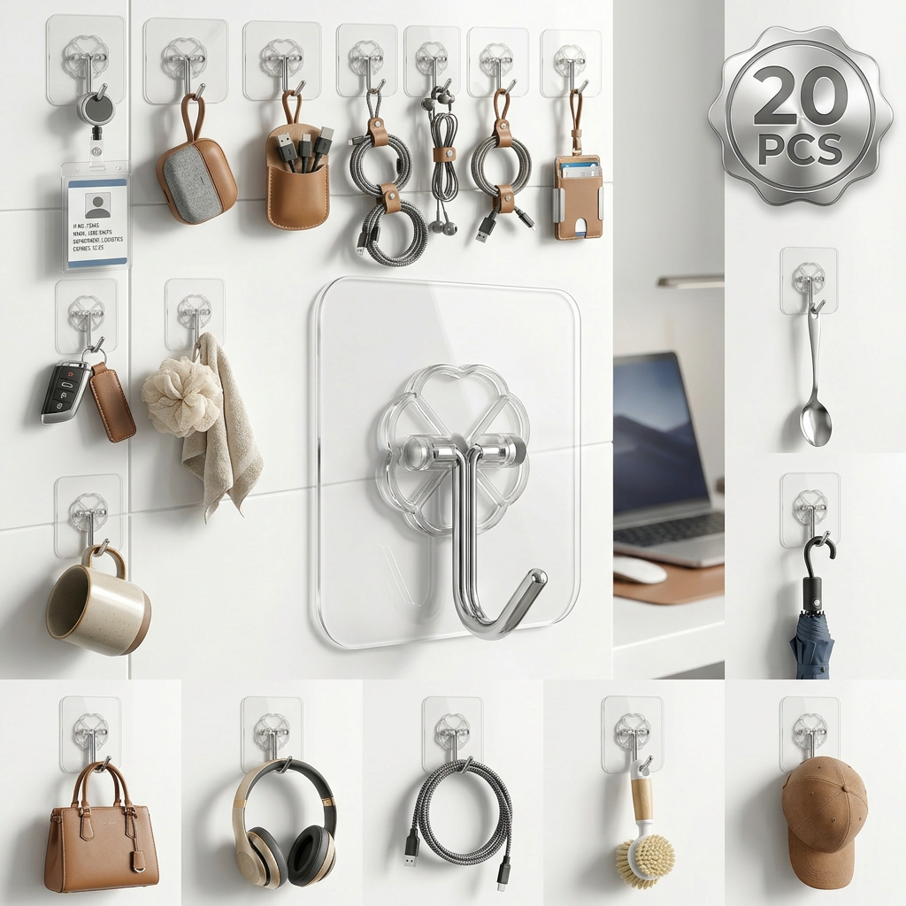 AI Design for Same transparent self-adhesive wall hooks, exact product design unchanged, single premium infographic image showing multiple real-life uses. Center hero hook enlarged and crystal clear. Around it, different hooks displaying practical applications: car keys, bath loofah, hand towel, kitchen spoon, coffee mug, umbrella, handbag, headphones, charging cable, cleaning brush and cap. Large metallic "20 PCS" badge at top corner. Pure white modern background, organized home concept, realistic transparent adhesive pads, chrome metal reflections, soft natural shadows, luxury studio lighting, ultra realistic 4K product photography, Amazon A+ content style, Meesho bestseller image, clean professional layout, high trust appearance, sharp focus, photorealistic, premium commercial advertising, no watermark. image..