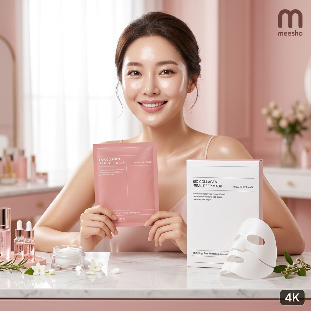 AI Design for Keep same BIO COLLAGEN REAL DEEP MASK box and packet unchanged. Attractive female beauty influencer sitting at vanity table, holding packet toward camera, box placed beside skincare products, luxury pink beauty studio, elegant smile, glowing hydrated skin, premium Korean skincare commercial look, soft natural lighting, professional ecommerce photography, product and model both in sharp focus, Meesho main image, 4K.