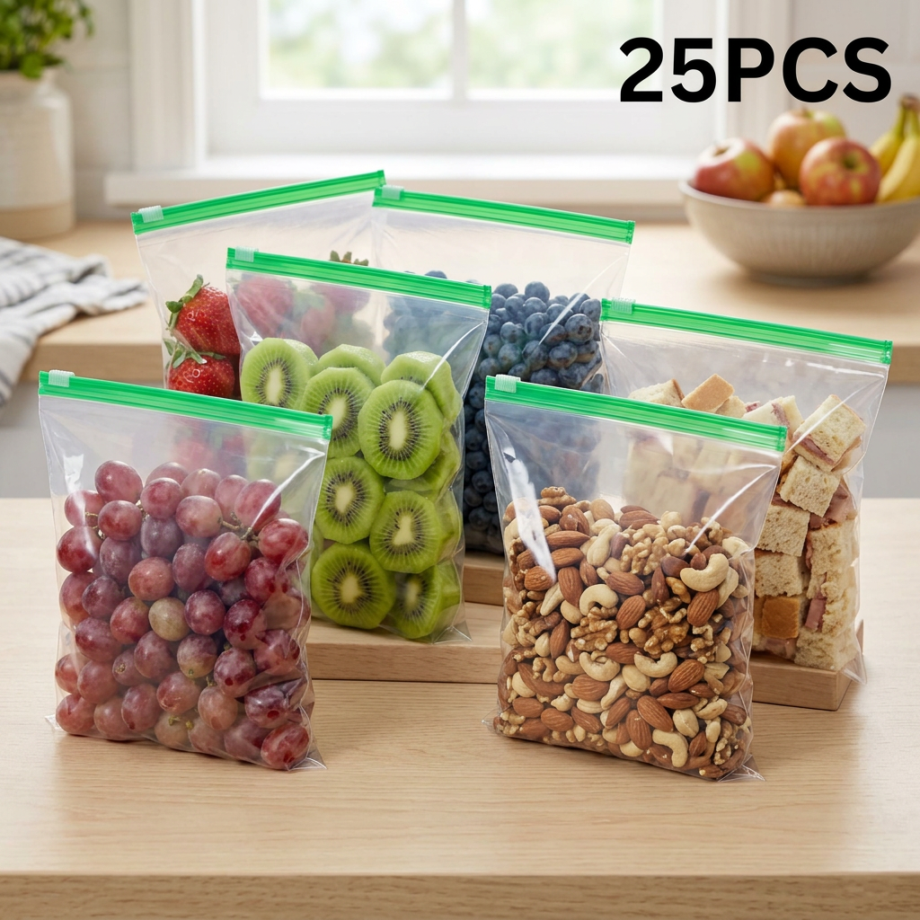AI Design for Ultra realistic Meesho main image, 6 transparent reusable ziplock storage bags, same green zipper color and same bag size as reference product, arranged in stylish zig-zag formation on light wooden kitchen table, different foods inside each bag: red grapes, strawberries, kiwi slices, blueberries, mixed nuts, sandwich cubes, bags facing camera at different angles and heights, clean modern kitchen background with soft daylight, premium product photography, crystal clear plastic texture, sharp focus, 4K ultra HD, ecommerce catalog style, bold black "25 PCS" text in top right corner, high CTR Meesho listing image.