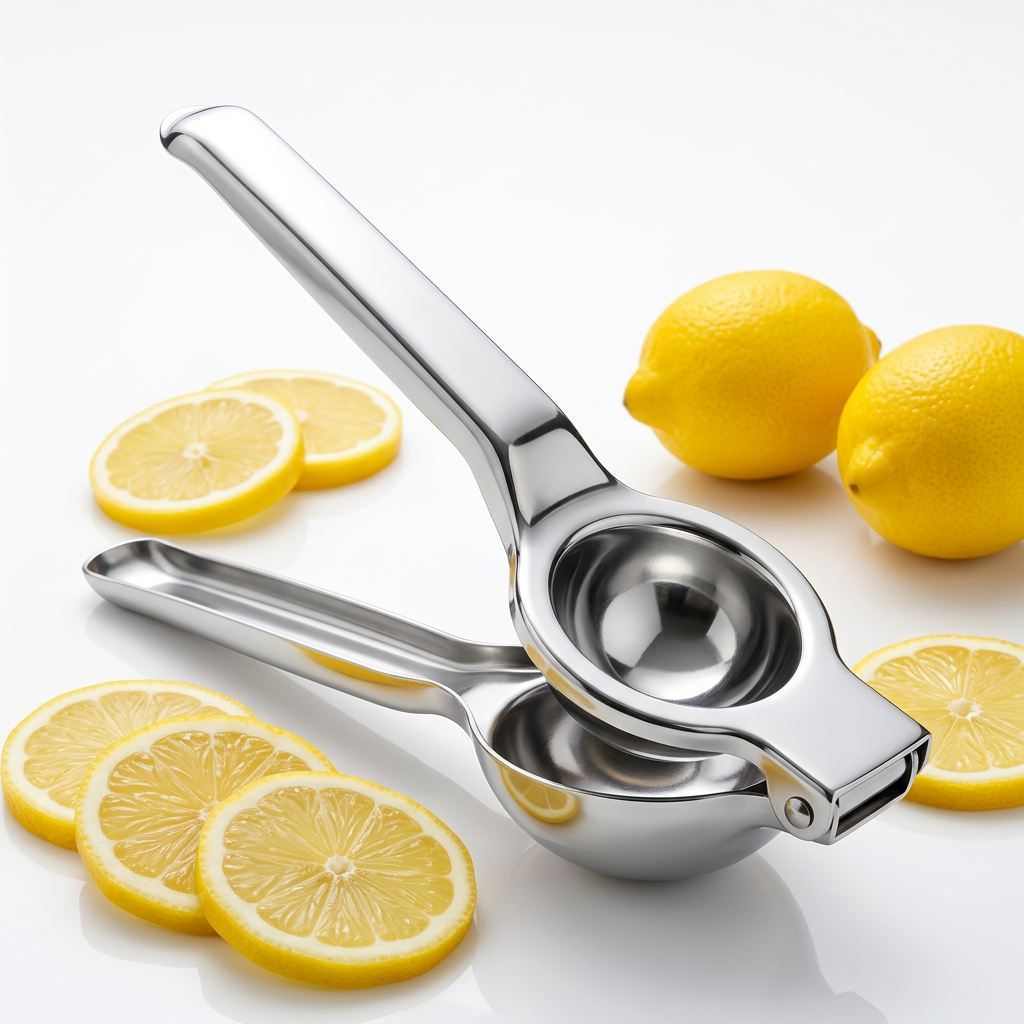 AI Design for Exact same stainless steel lemon squeezer, same size, same shape, mirror finish steel, open position with fresh yellow lemons and lemon slices around product, bright white luxury background, premium kitchen photography, soft shadow, ultra realistic, product occupying 85% frame, Meesho bestseller main image, 4K HD, high CTR design.