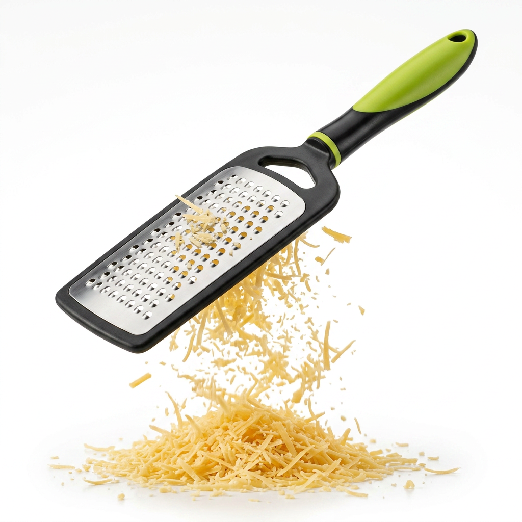 AI Design for Use the exact same grater from the reference image, same black and green handle, same stainless steel surface. Position the grater diagonally in mid-air while freshly grated cheese falls like golden snow beneath it. Premium white background, soft studio lighting, ultra realistic kitchen photography, high detail, luxury e-commerce style, Meesho bestseller main image, 4K ultra HD, product occupies 85% of frame.